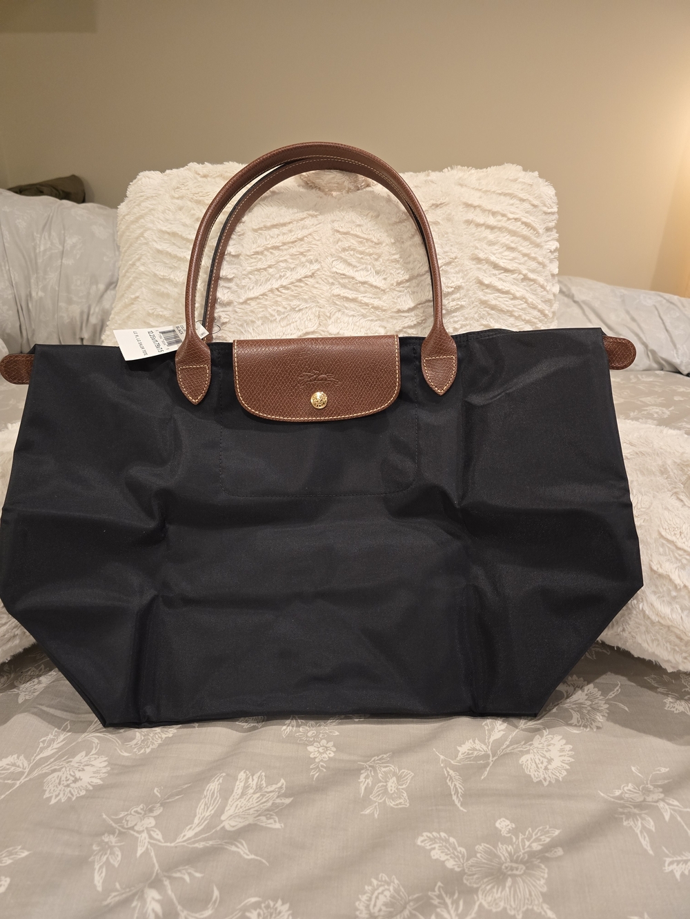 Longchamp Navy Tote with Brown Leather Trim